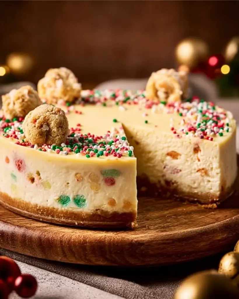 Delicious sugar cookie cheesecake topped with colorful sprinkles