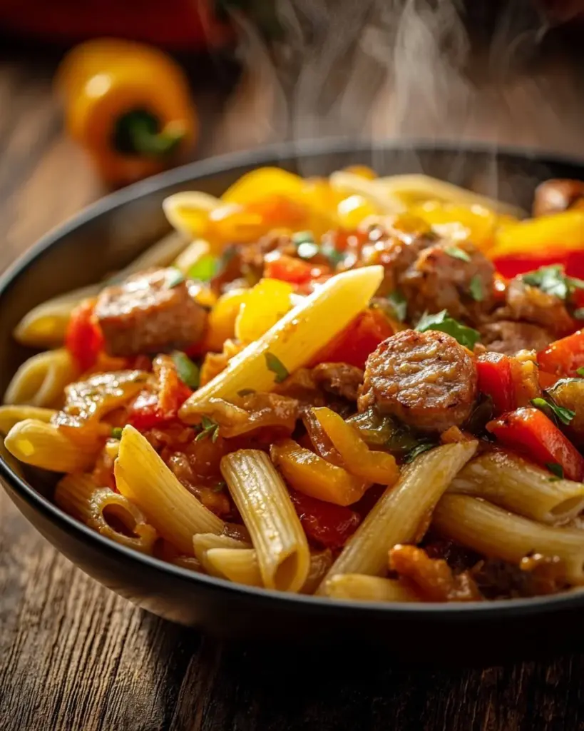 Delicious Sweet Pepper and Sausage Pasta served in a bowl with fresh herbs