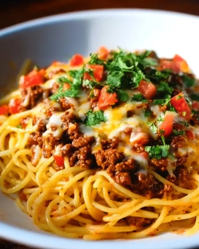 A delicious serving of taco spaghetti with toppings and cheese in a bowl.