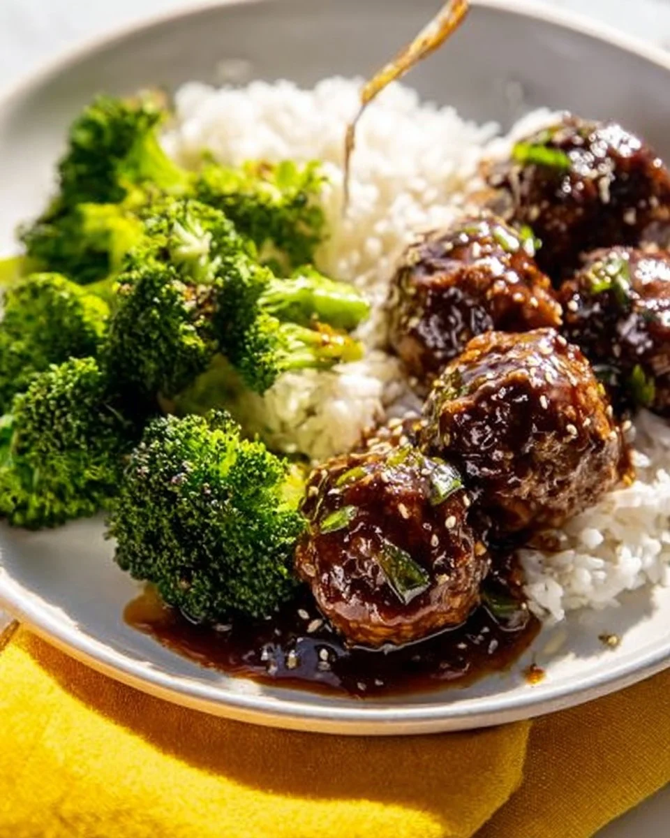 A delicious teriyaki meatball bowl garnished with green onions and sesame seeds.