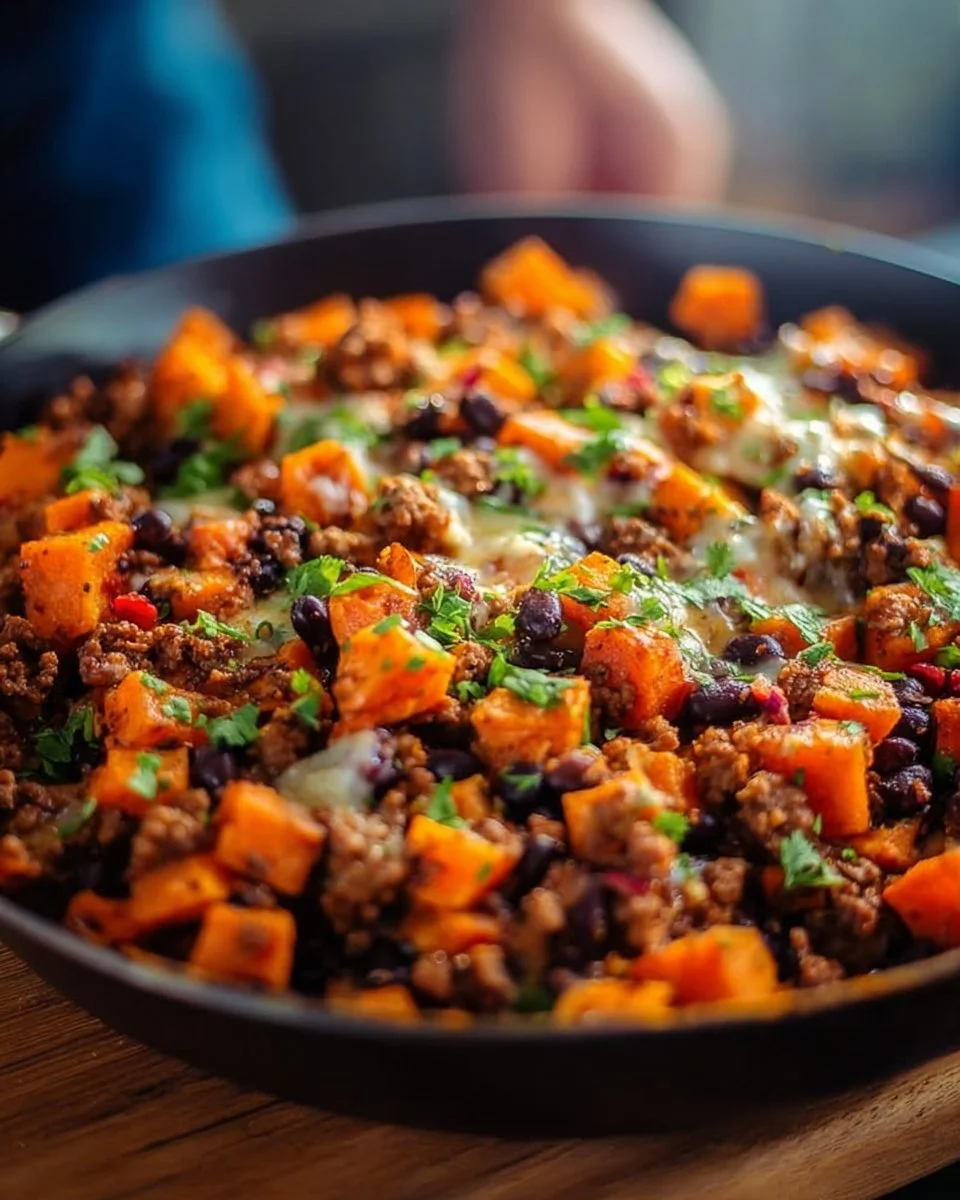 Tex-Mex Sweet Potato Hash with Ground Beef served in a colorful bowl