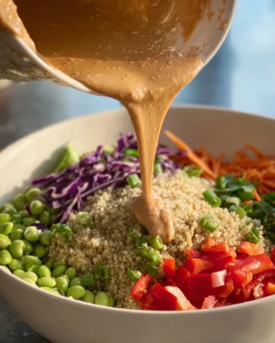 Bowl of Thai-inspired edamame crunch salad with colorful vegetables and dressing