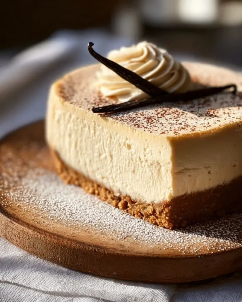 Slice of Vanilla Bean Brown Butter Cheesecake topped with a vanilla bean drizzle