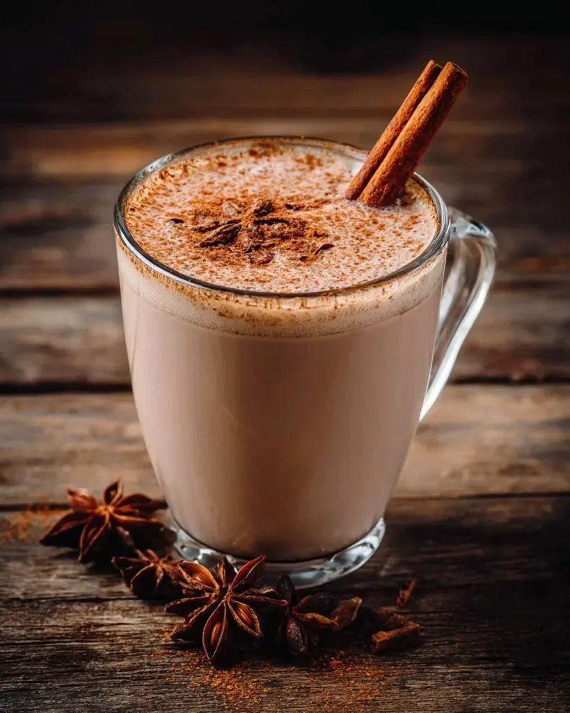 Cup of creamy Vanilla Chai tea latte garnished with spices.