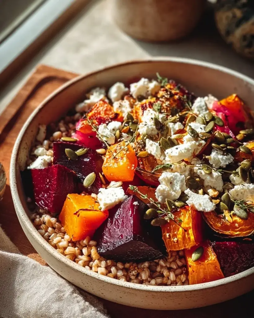 Colorful Winter Harvest Dinner Bowl filled with seasonal vegetables and grains.