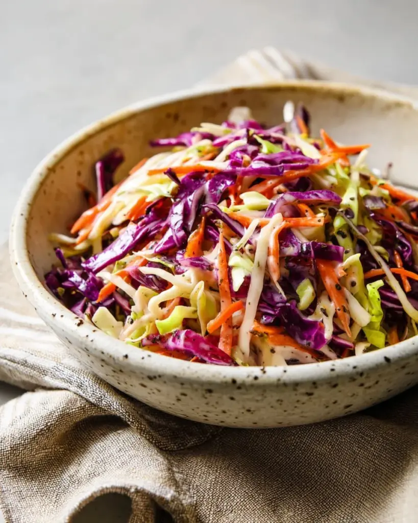 Delicious Asian Slaw Salad with Miso Ginger Dressing on a white plate