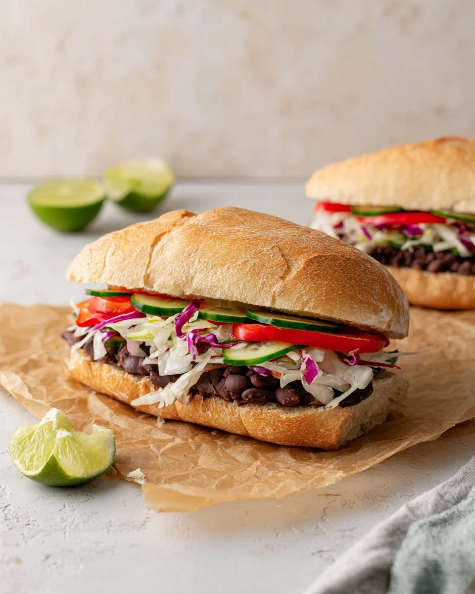 Delicious Avocado and Black Bean Tortas served on a rustic plate