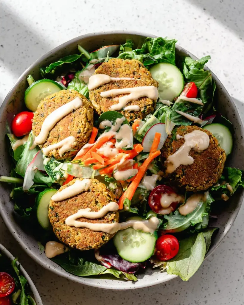 Baked falafel salad with two creamy dressings served in a bowl
