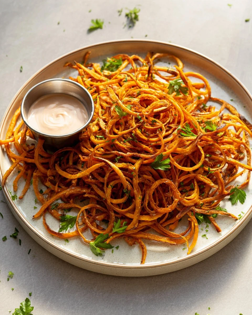 Baked sweet potato shoestring fries on a baking tray