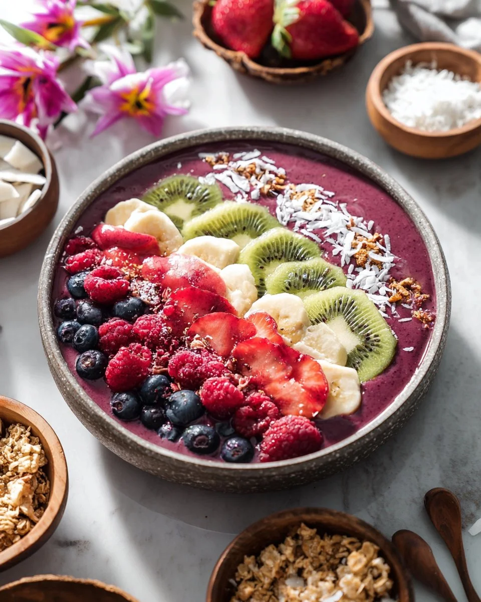 Berry Acai Smoothie Bowl topped with fresh fruits and granola