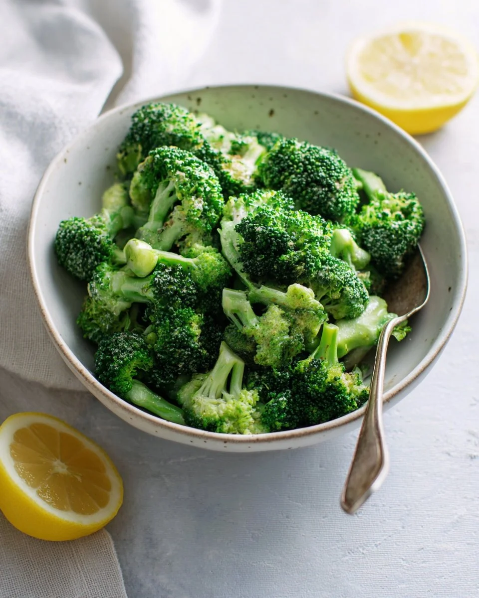 Broccoli drizzled with tahini-miso dressing on a plate