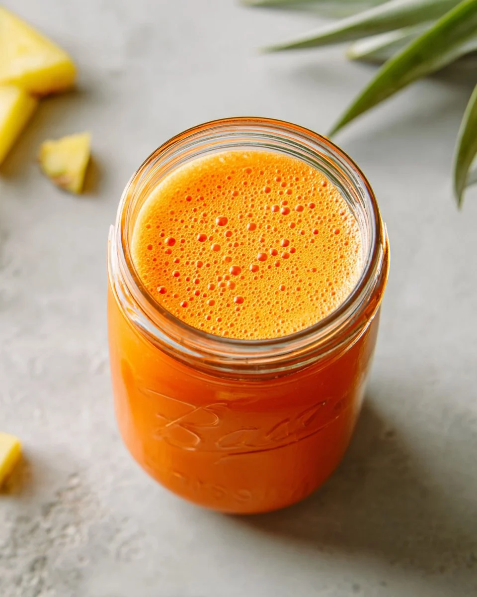 Refreshing Carrot Pineapple Ginger Juice in a glass with vibrant colors.