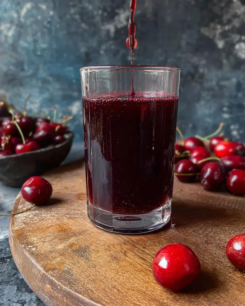 A glass of cherry juice with fresh cherries, showcasing its vibrant color and health benefits.