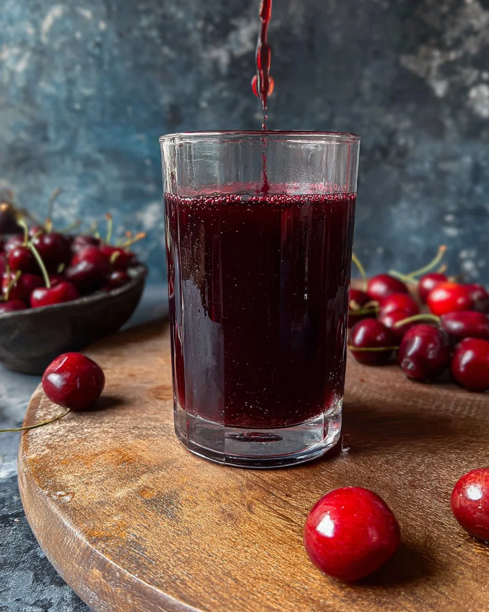 A glass of cherry juice with fresh cherries, showcasing its vibrant color and health benefits.