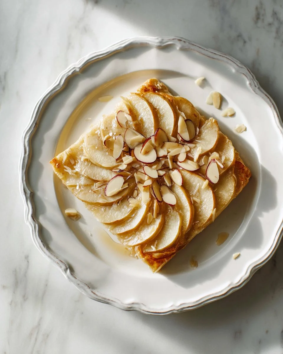 Easy pear tart with cinnamon maple glaze on a rustic wooden table