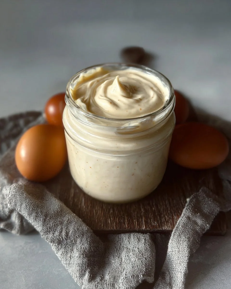 Creamy homemade egg free mayo in a glass jar with ingredients