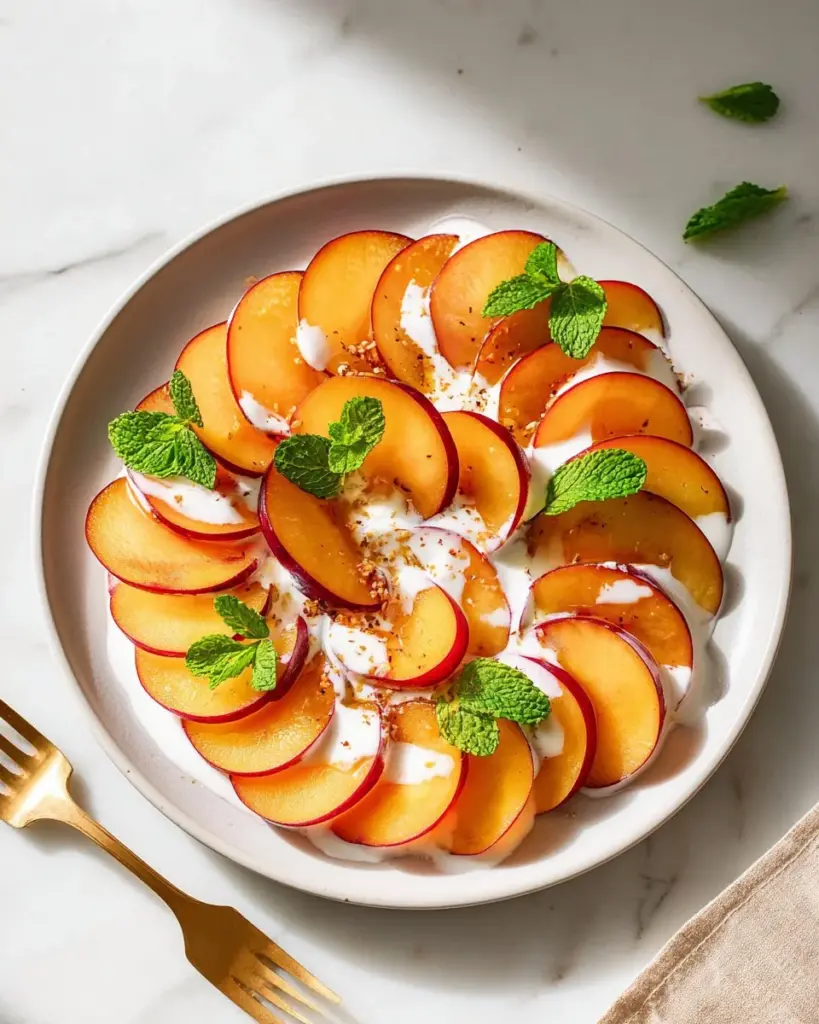 Fruit Carpaccio topped with plums and lemon ginger cream, showcasing vibrant colors.