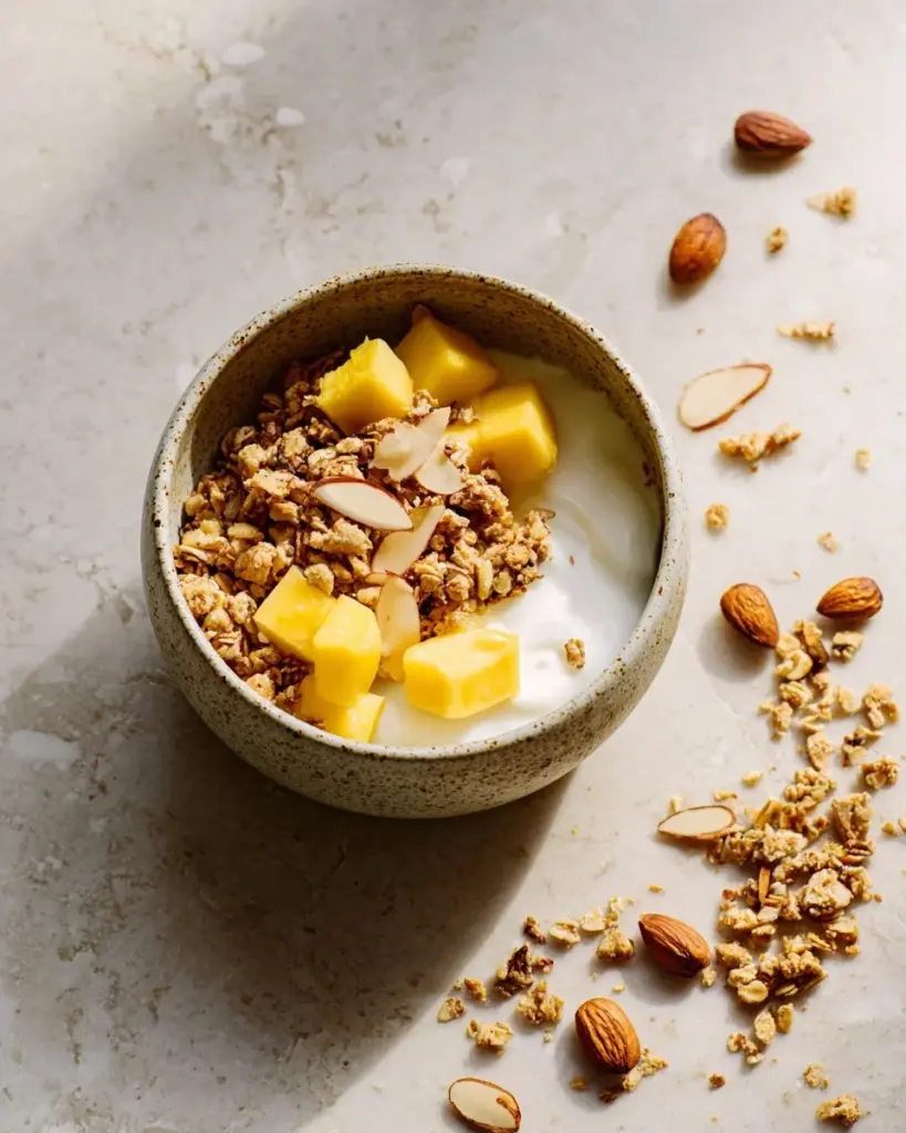 Bowl of homemade ginger-orange granola with nuts and dried fruit