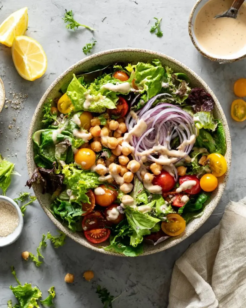 Green salad topped with lemon tahini dressing and fresh vegetables.