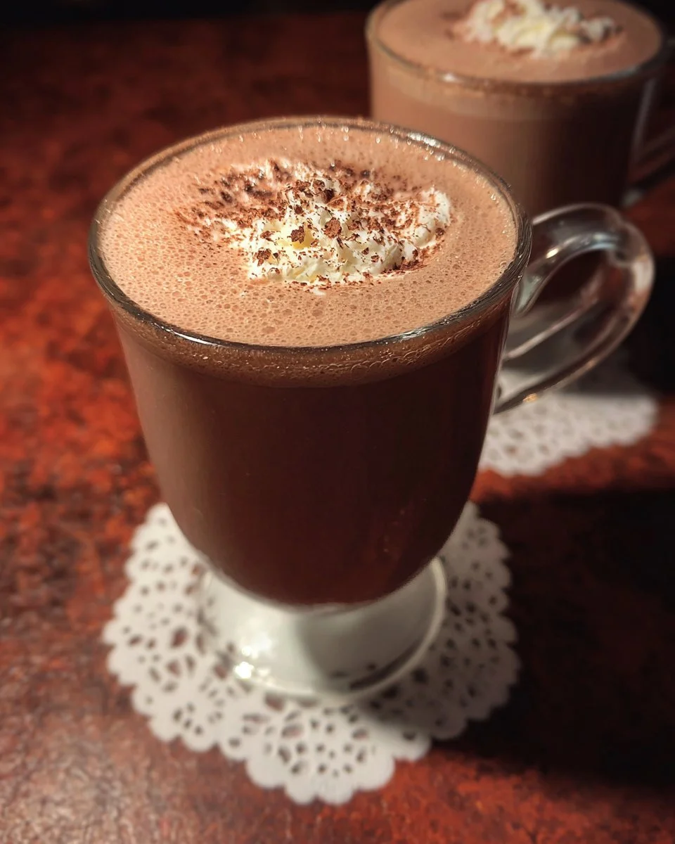 A steaming cup of homemade hot chocolate topped with whipped cream and chocolate shavings.