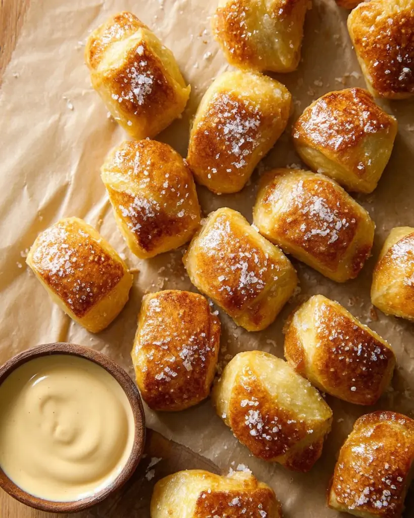 Tray of homemade soft pretzel bites fresh from the oven