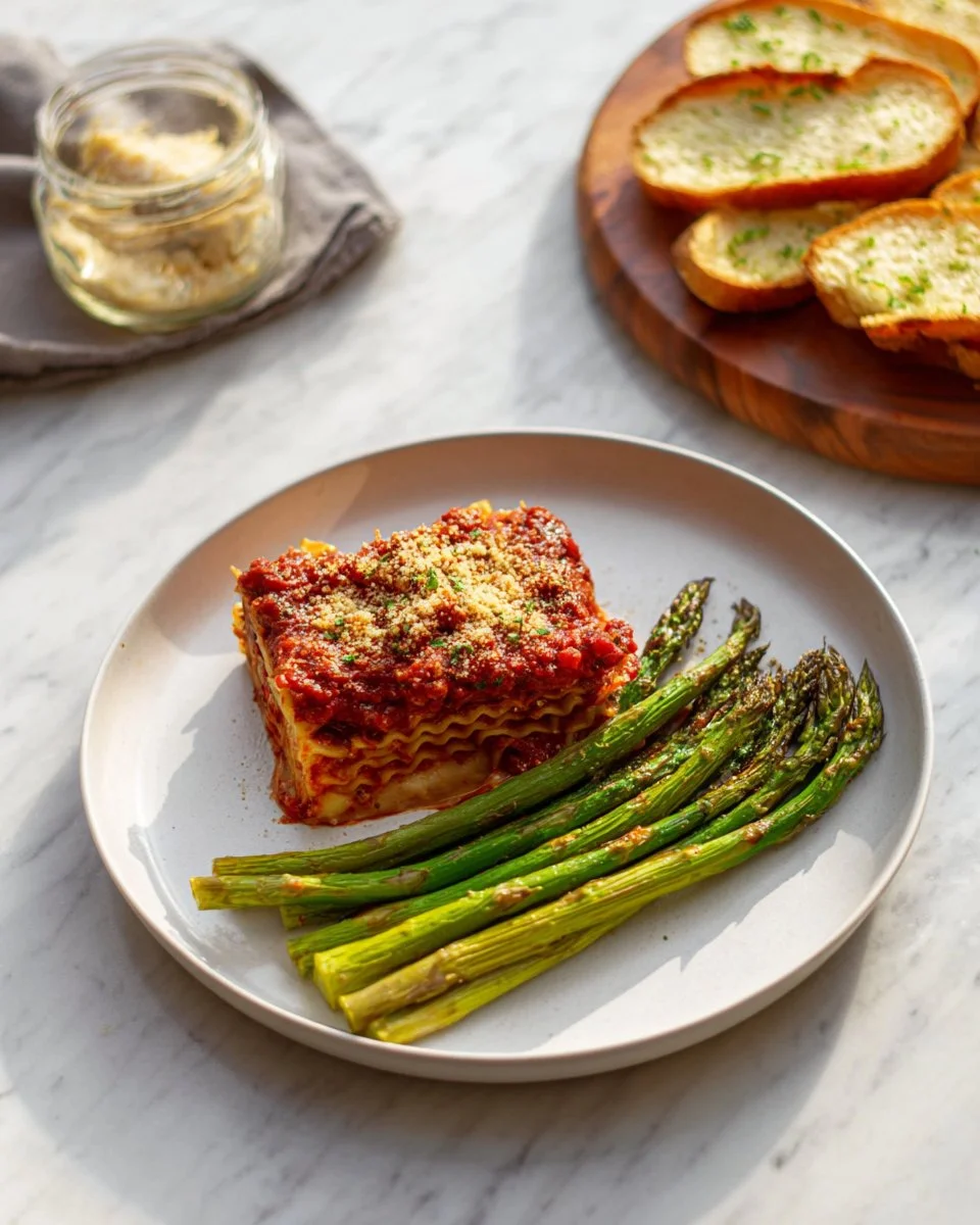 Lentil Lasagna layered with asparagus for a healthy veggie dish.
