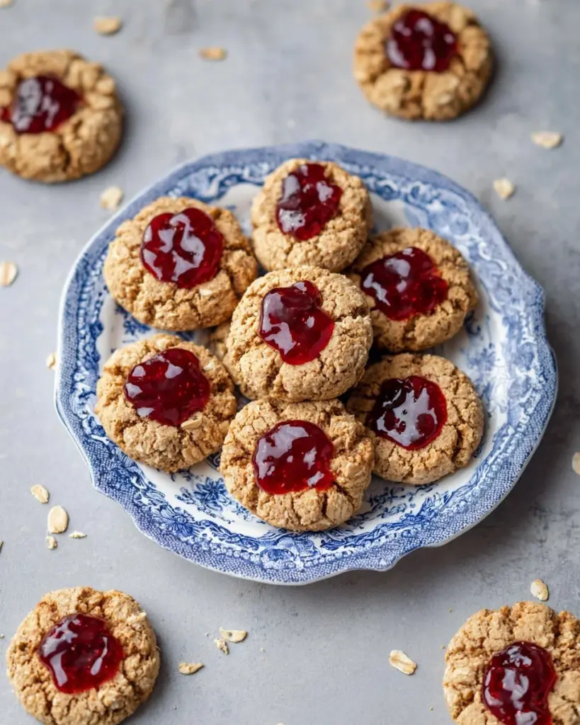 Delicious oat jam thumbprint cookies on a plate