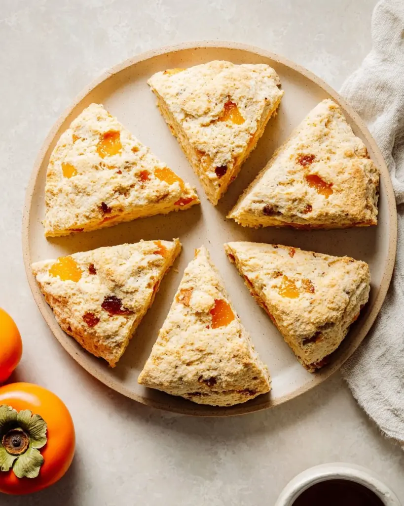 Freshly baked persimmon scones on a wooden table