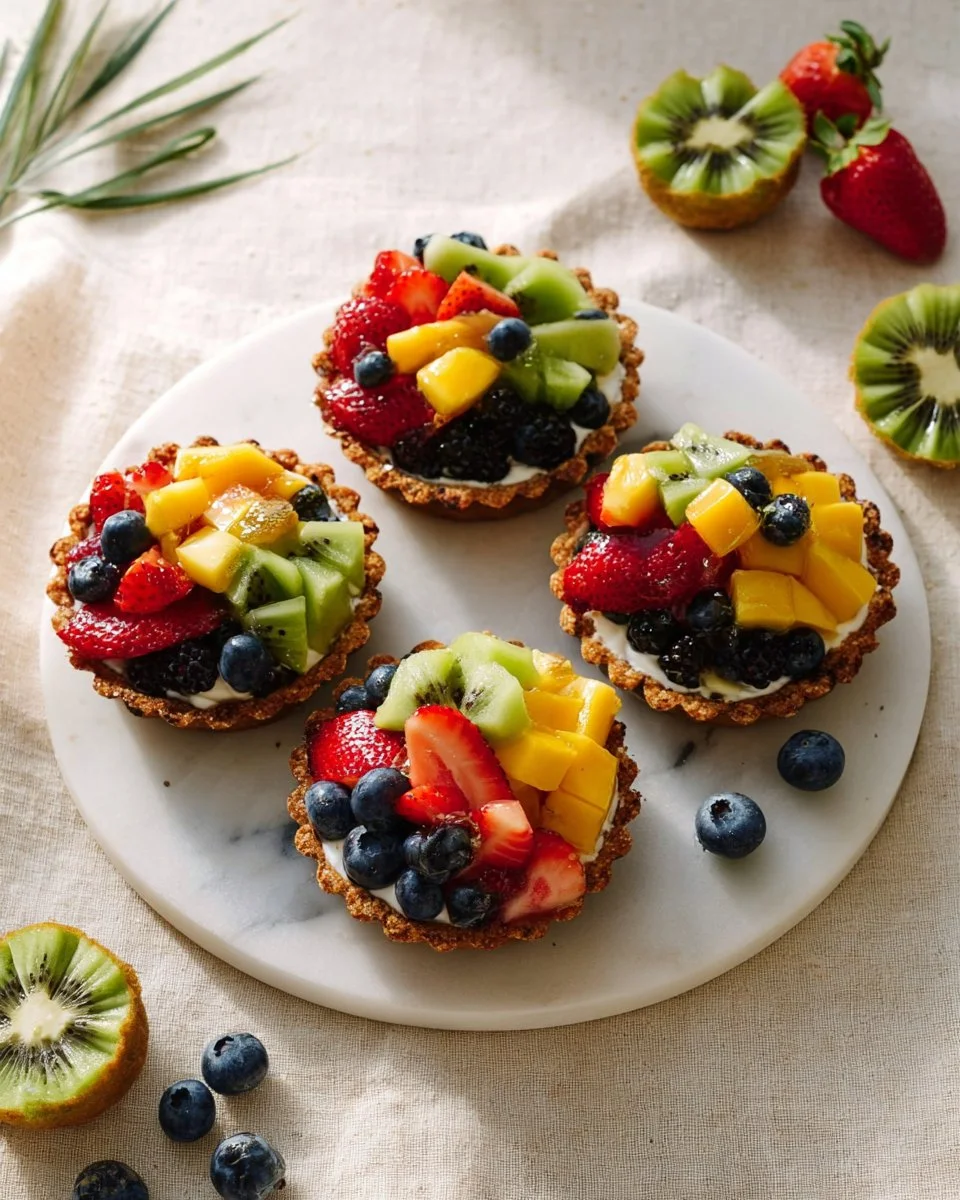 Delicious raw fruit tarts topped with fresh fruits and a creamy filling.