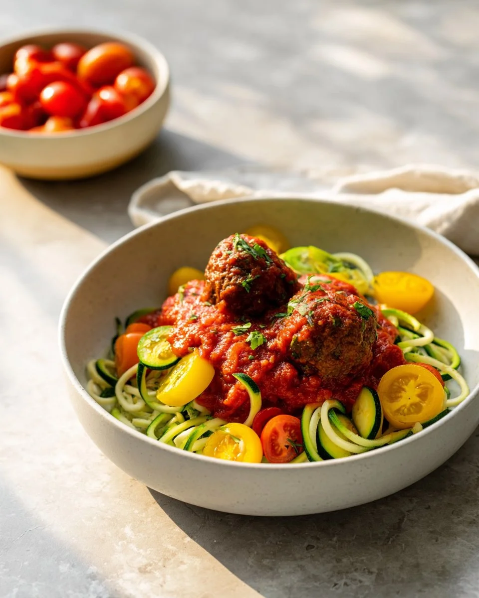 Colorful Raw Pasta Primavera topped with delicious meatballs on a plate.