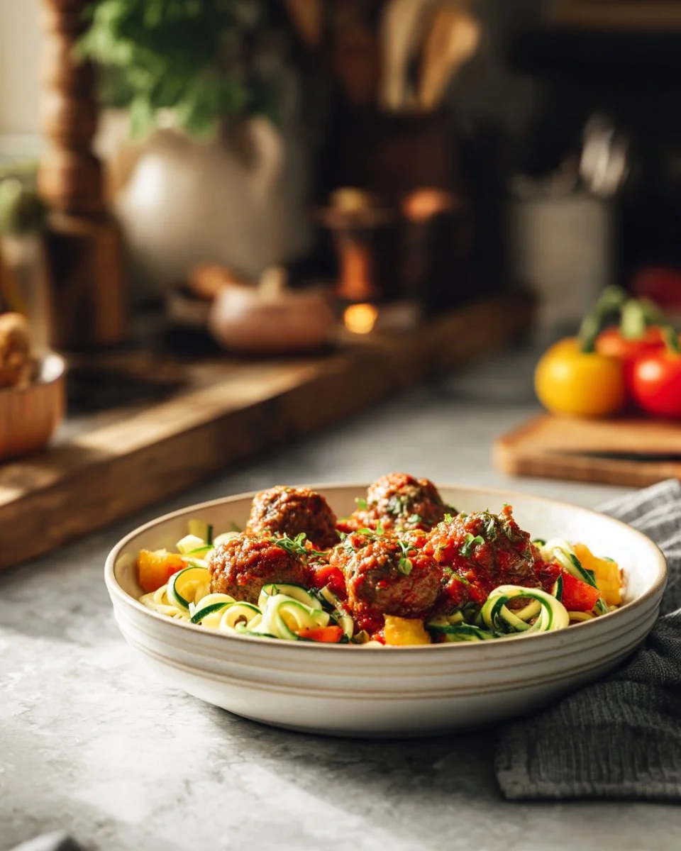 Raw Pasta Primavera and Meatballs