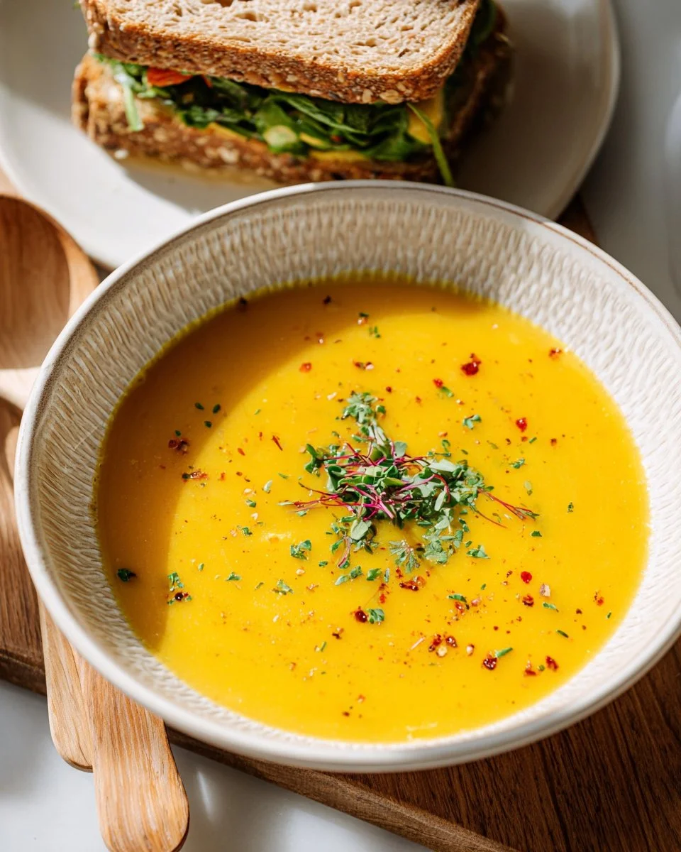 Bowl of roasted butternut squash soup topped with herbs and served warm