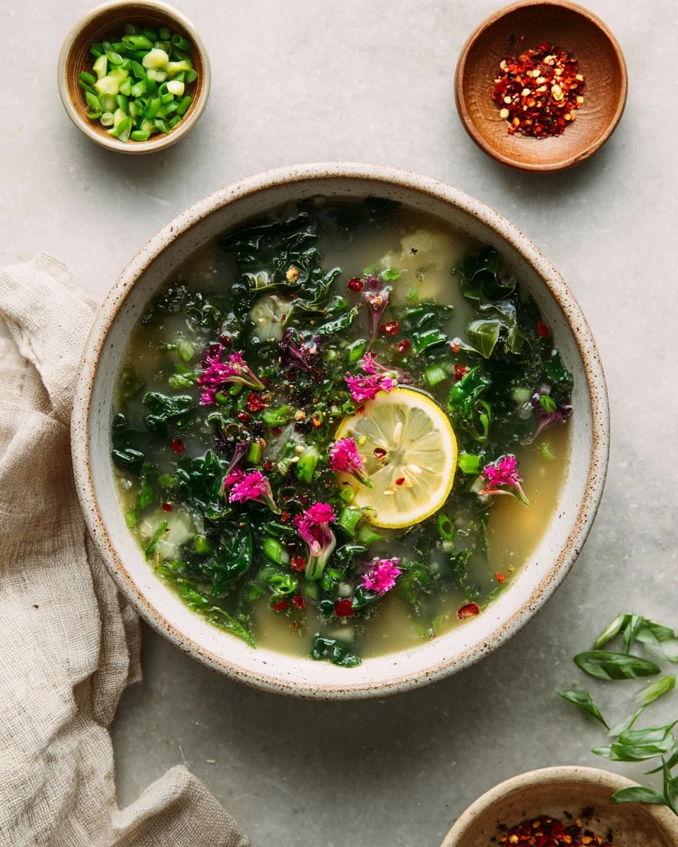 Roasted Garlic Miso Soup with Greens