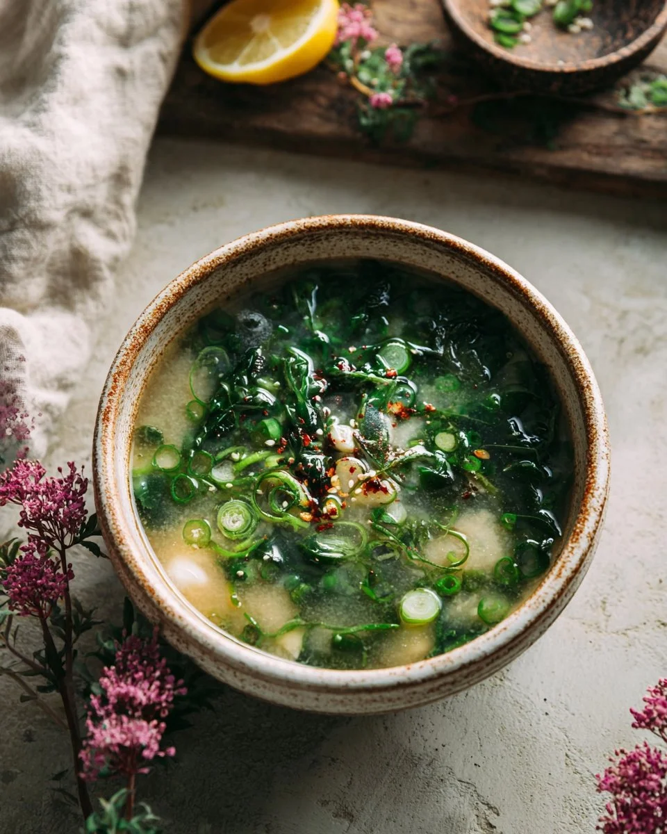 Roasted Garlic Miso Soup with Greens
