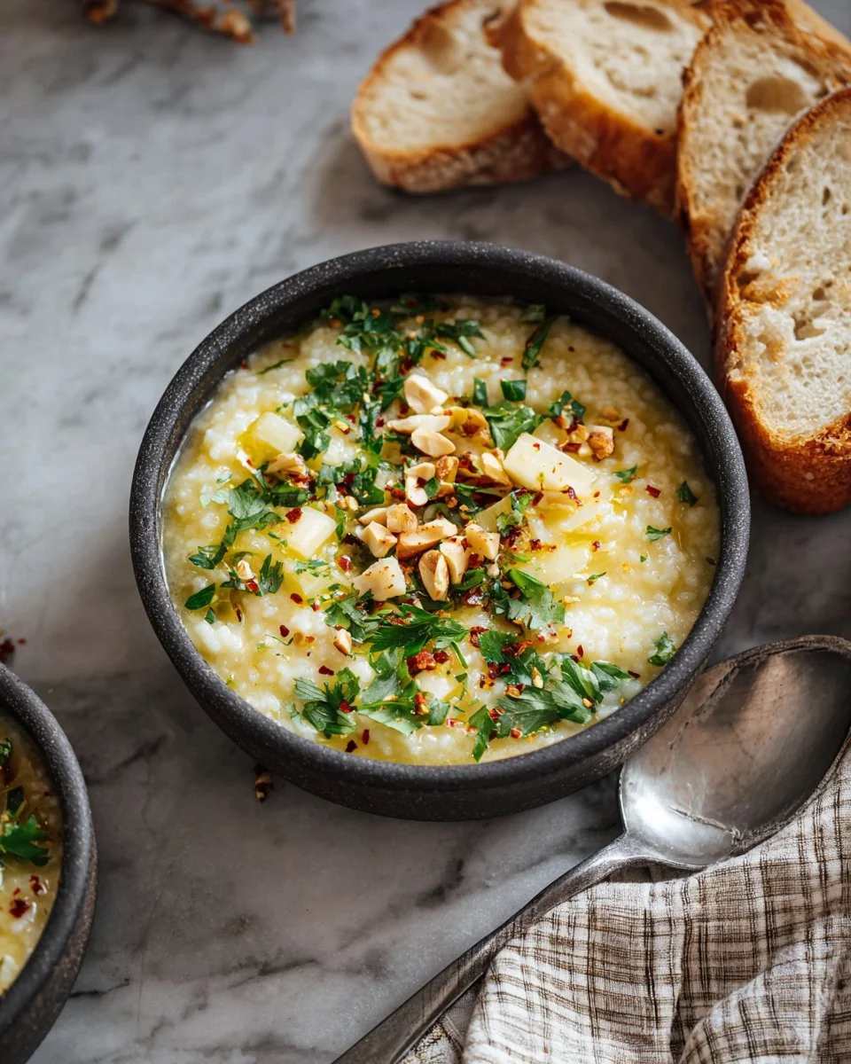 Saffron Potato Leek Soup with Fried Garlic & Almonds