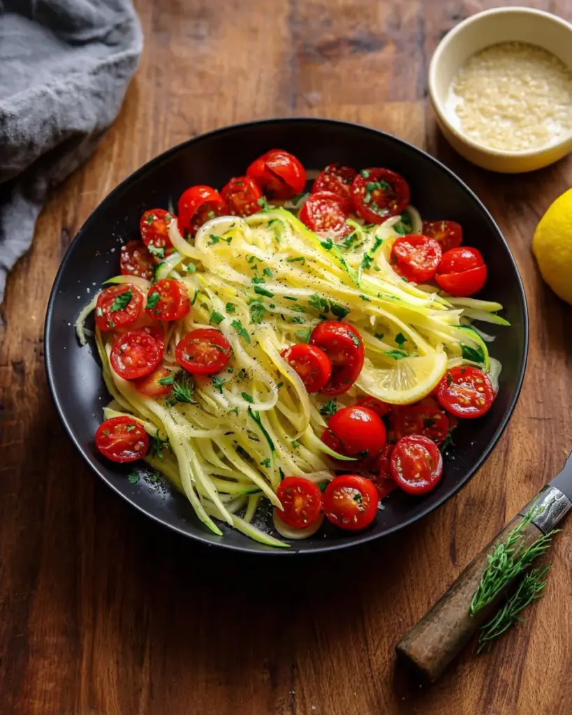 Vibrant zucchini pasta salad with fresh veggies and dressing