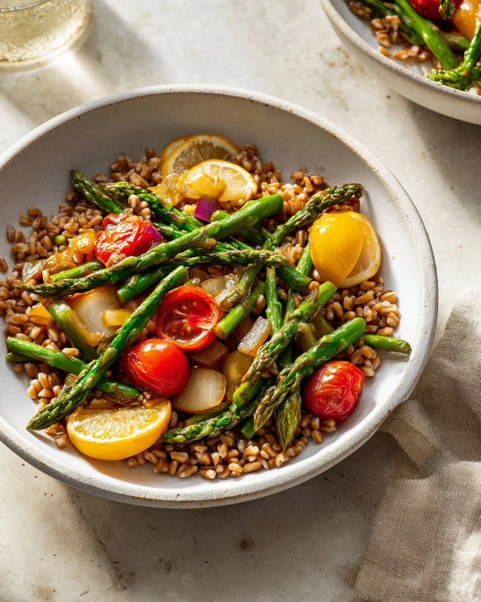 Skillet Asparagus and Tomato Medley prepared in a colorful dish