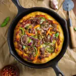 Skillet pizza with balsamic tomato sauce and roasted vegetables on a wooden table
