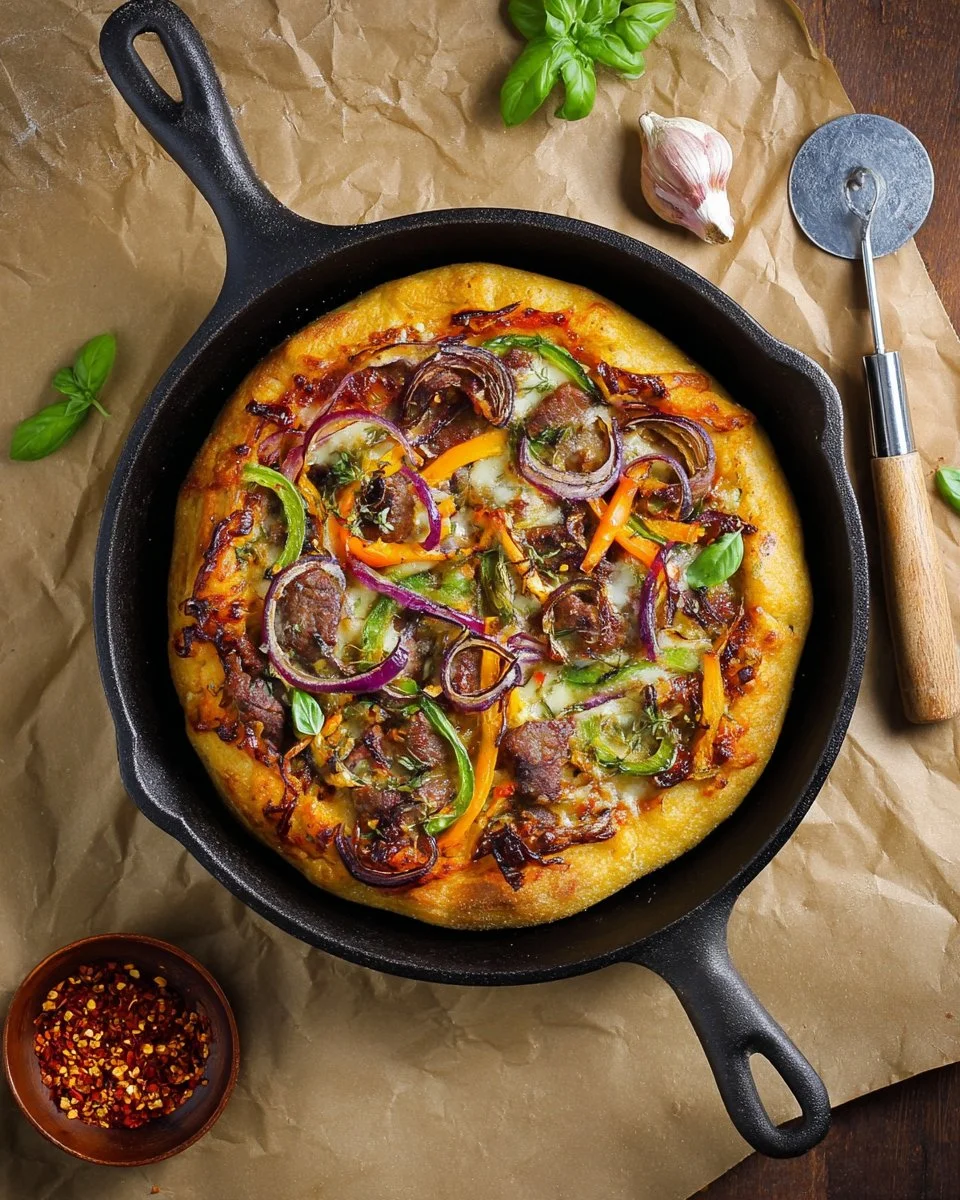 Skillet pizza with balsamic tomato sauce and roasted vegetables on a wooden table