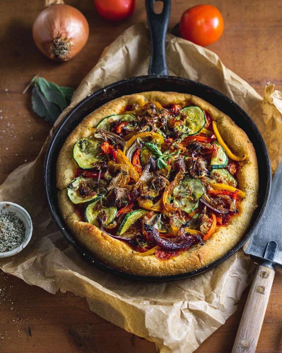 Skillet Pizza with Balsamic Tomato Sauce and Roasted Veggies
