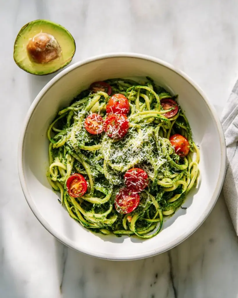 Spicy kale pesto served with zucchini noodles in a vibrant dish