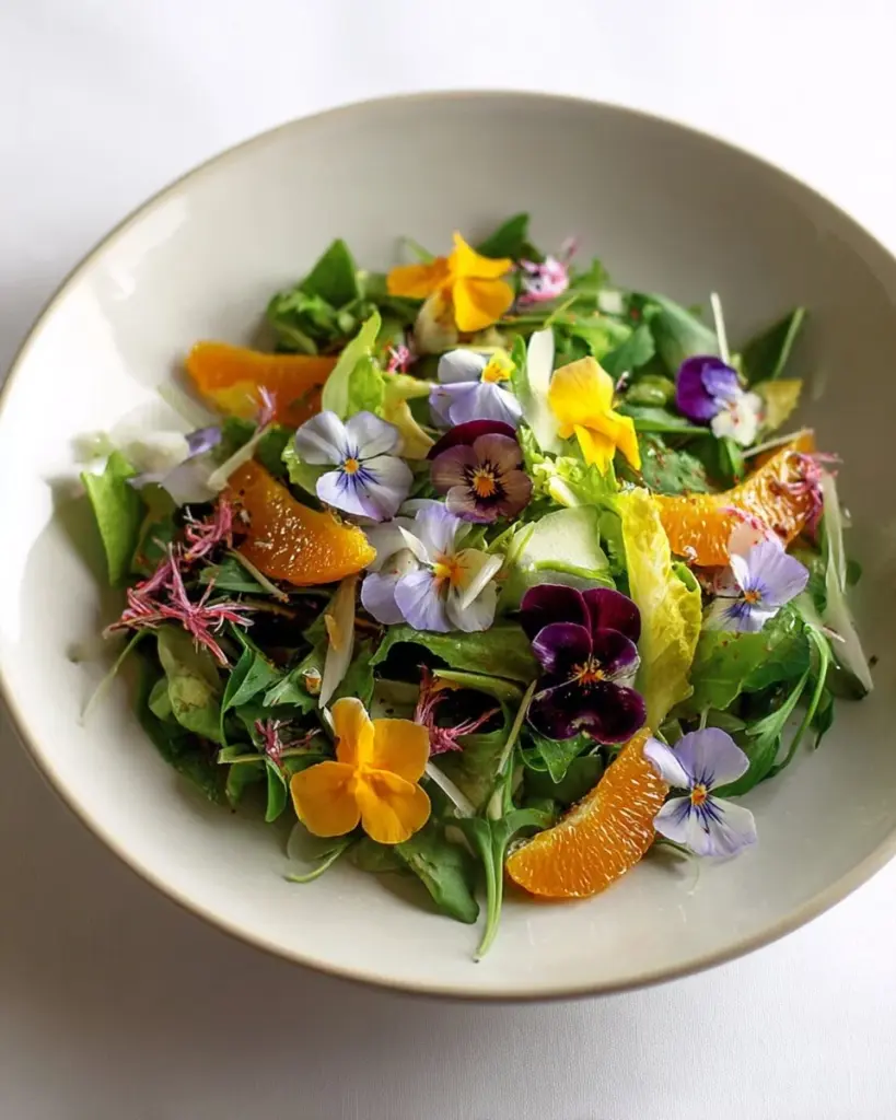 Spring salad featuring edible flowers and dandelion greens in a beautiful bowl.