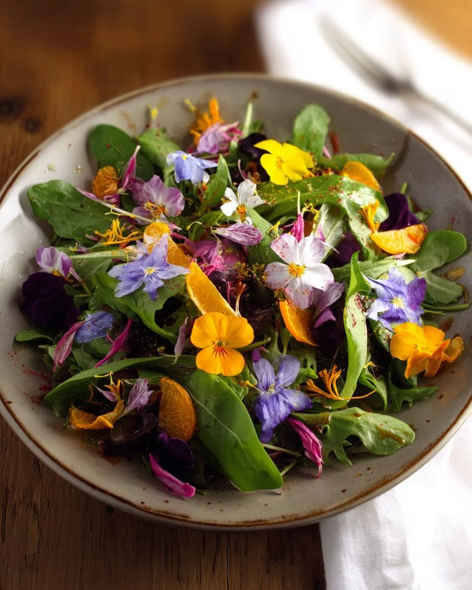 Spring Salad with Edible Flowers and Dandelion Greens