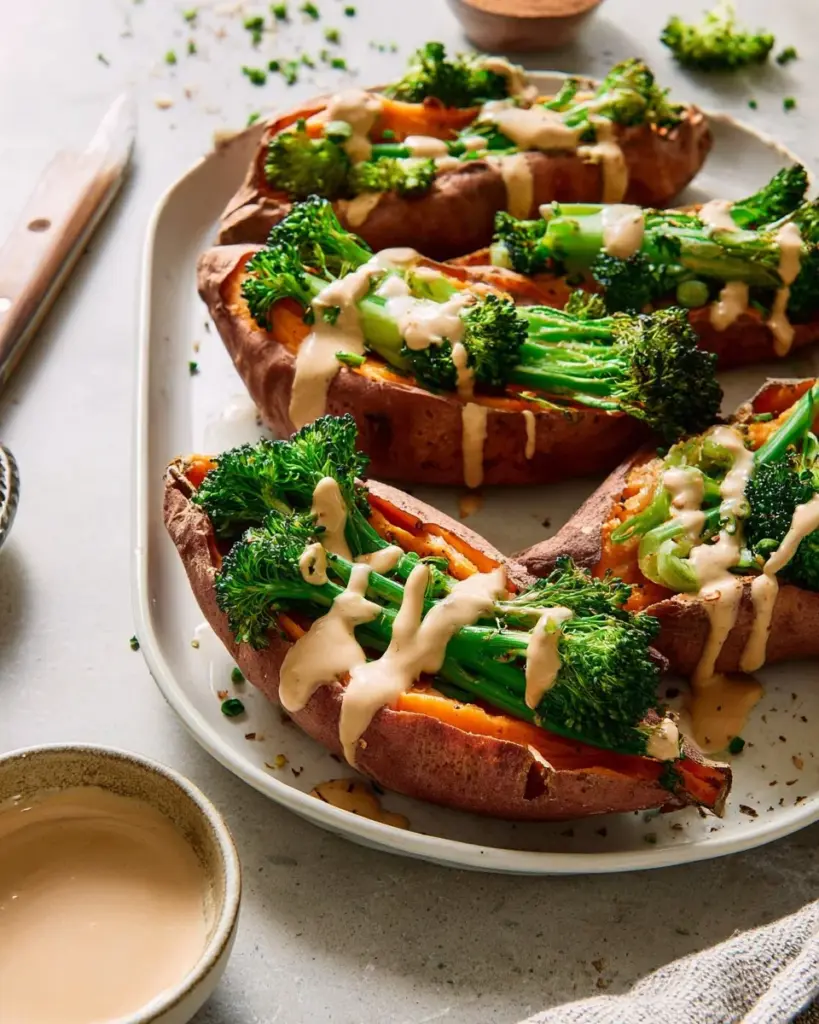 Stuffed sweet potatoes filled with broccoli and avocado for a healthy meal