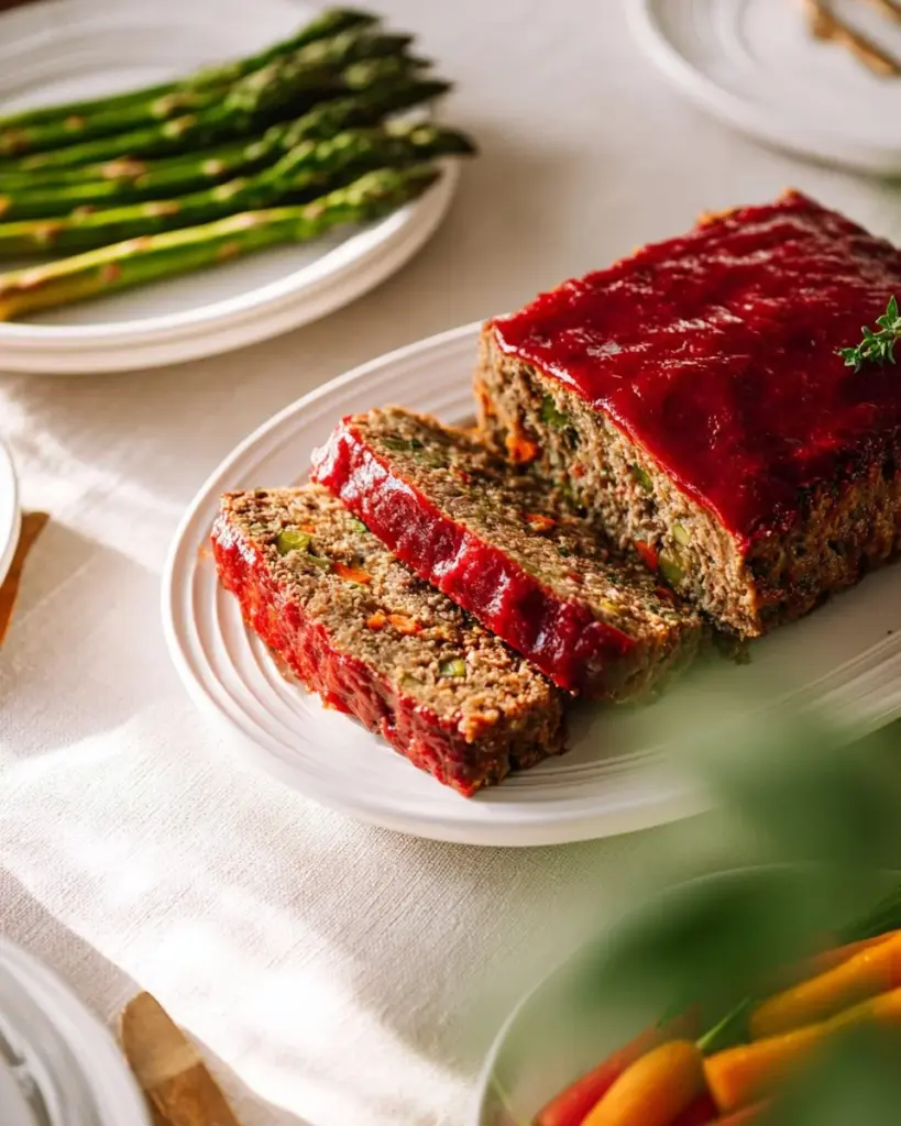 Delicious vegetable lentil loaf served with fresh vegetables and sauce