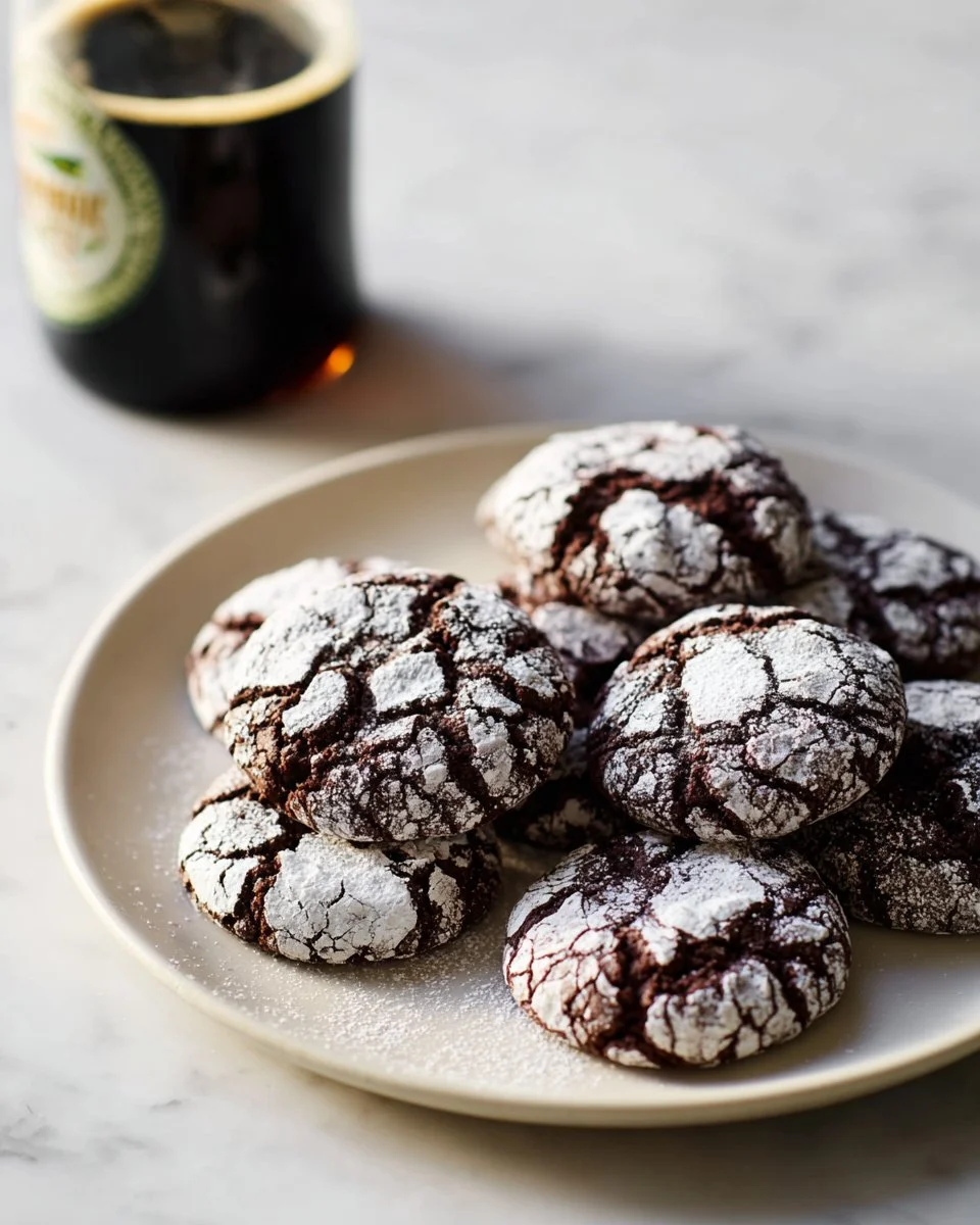 Delicious Vegan Chocolate Stout Crinkle Cookies on a plate