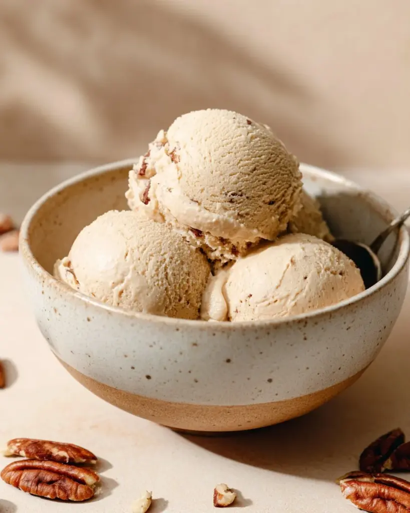 Bowl of vegan maple butter pecan ice cream topped with pecans.