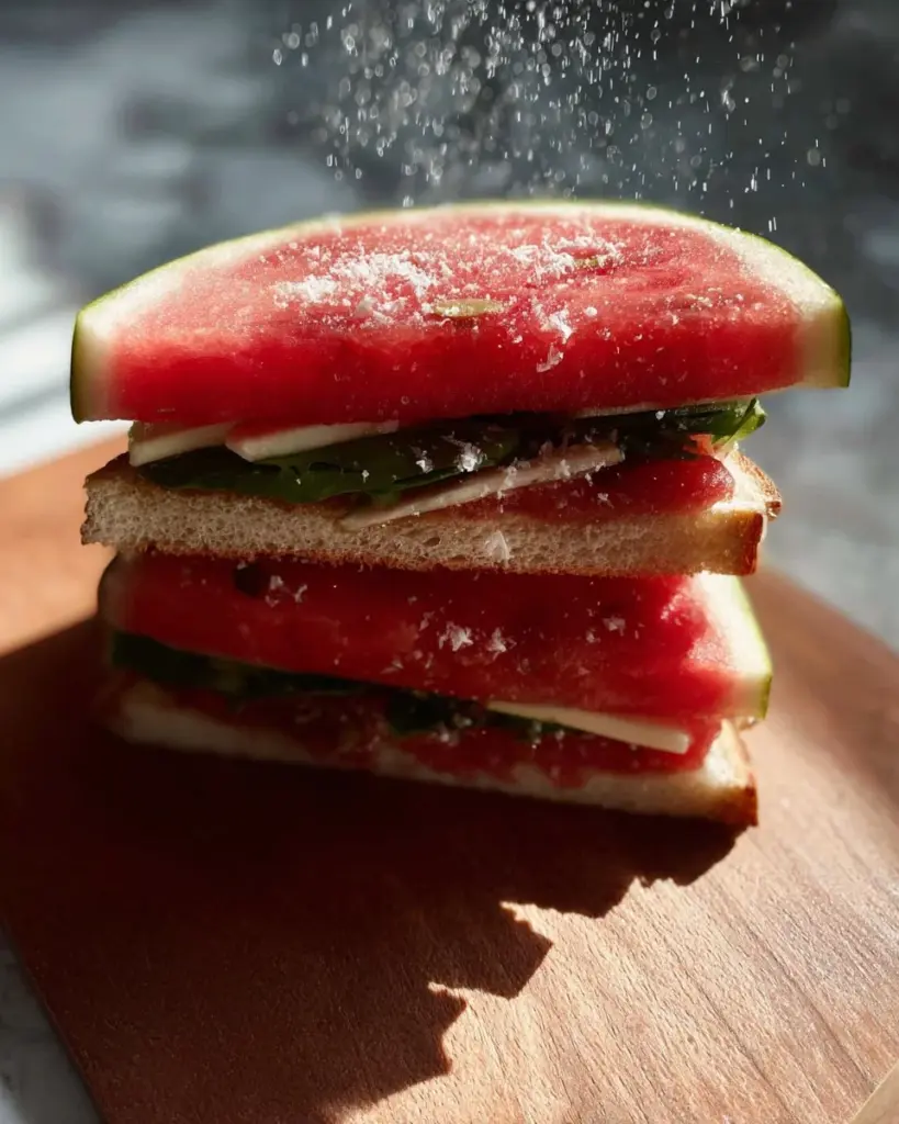 A refreshing watermelon sandwich made with fresh watermelon slices and toppings.