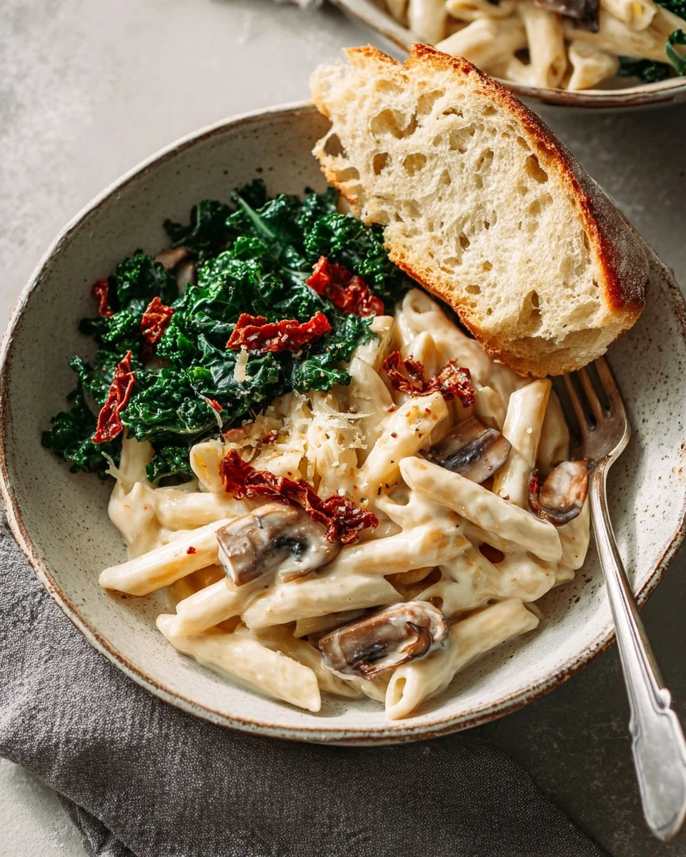 White Bean and Cauliflower Alfredo pasta dish garnished with herbs