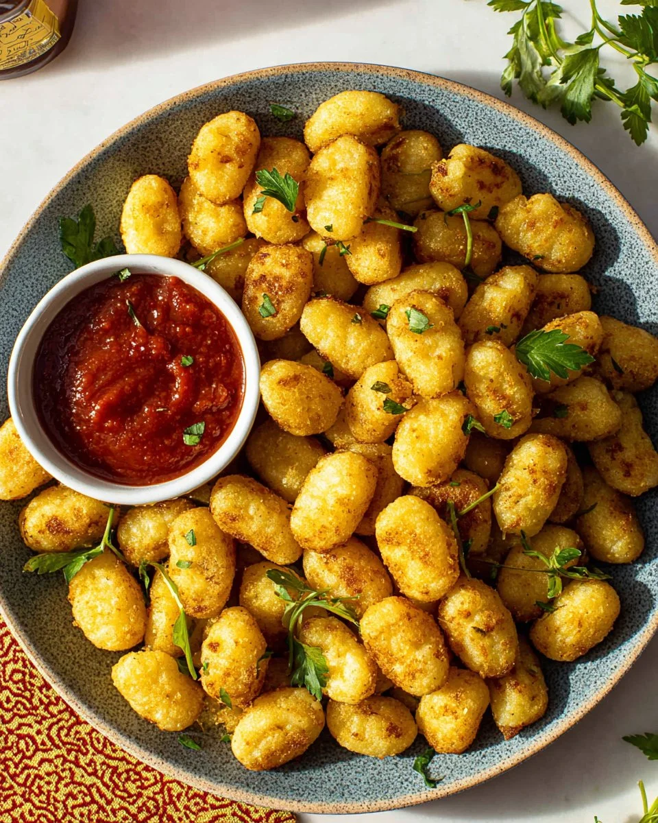 Crispy air fryer gnocchi served on a plate with herbs